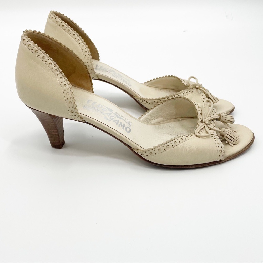 Salvatore Ferragamo Cream Leather D'Orsay Tassel Heels